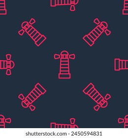 Red line Lighthouse icon isolated seamless pattern on black background.  Vector