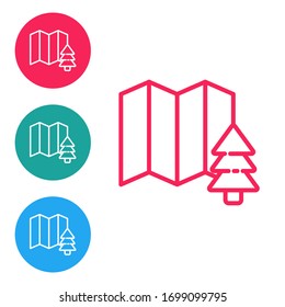 Red line Location of the forest on a map icon isolated on white background. Set icons in circle buttons. Vector Illustration
