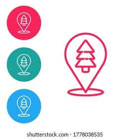 Red line Location of the forest on a map icon isolated on white background. Set icons in circle buttons. Vector Illustration