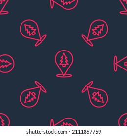 Red line Location of the forest on a map icon isolated seamless pattern on black background.  Vector