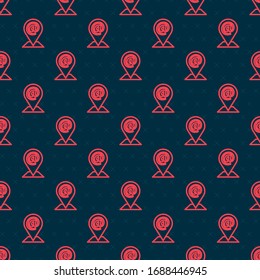 Red line Location and mail and e-mail icon isolated seamless pattern on black background. Envelope symbol e-mail. Email message sign.  Vector Illustration