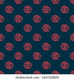 Ubicación de la línea roja en el icono del globo aislado sin fisuras en el fondo negro. Signo mundial o terrestre.  Ilustración vectorial