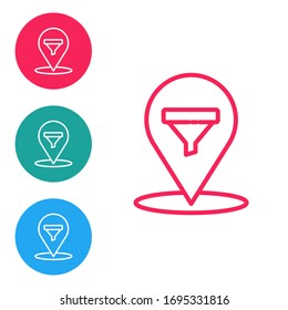 Red line Location with sales funnel icon isolated on white background. Infographic template. Set icons in circle buttons. Vector Illustration