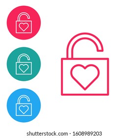 Red line Lock and heart icon isolated on white background. Locked Heart. Love symbol and keyhole sign. Valentines day symbol. Set icons in circle buttons. Vector Illustration
