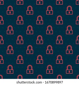 Red line Lock icon isolated seamless pattern on black background. Padlock sign. Security, safety, protection, privacy concept.  Vector Illustration