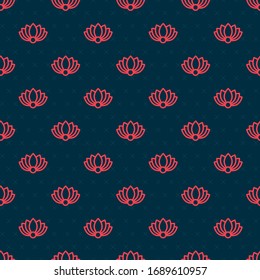 Red line Lotus flower icon isolated seamless pattern on black background.  Vector Illustration