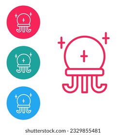 Línea roja Icono de bola mágica aislado en fondo blanco. Balón de cristal. Establezca los iconos en los botones de círculo. Vector