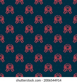 Red line Magic ball on hand icon isolated seamless pattern on black background. Crystal ball.  Vector