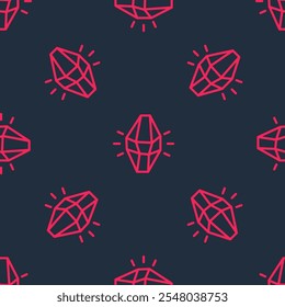Red line Magic stone icon isolated seamless pattern on black background. Fantasy crystal. Jewelry gem for game.  Vector