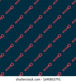 Red line Magic wand icon isolated seamless pattern on black background. Star shape magic accessory. Magical power.  Vector Illustration