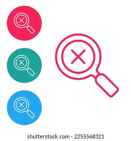 Red line Magnifying glass and delete icon isolated on white background. Search, focus, zoom, business symbol. Set icons in circle buttons. Vector