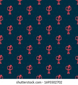 Red line Mail box icon isolated seamless pattern on black background. Mailbox icon. Mail postbox on pole with flag.  Vector Illustration