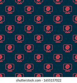 Red line Mail and e-mail on speech bubble icon isolated seamless pattern on black background. Envelope symbol e-mail. Email message sign.  Vector Illustration