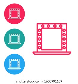 Red line Makeup mirror with lights icon isolated on white background. Set icons in circle buttons. Vector Illustration