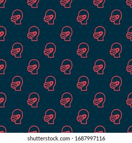 Red line Man face in a medical protective mask icon isolated seamless pattern on black background. Quarantine.  Vector Illustration