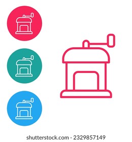 Red line Manual coffee grinder icon isolated on white background. Set icons in circle buttons. Vector