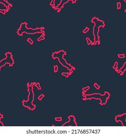 Red Line Map Of Italy Icon Isolated Seamless Pattern On Black Background.  Vector