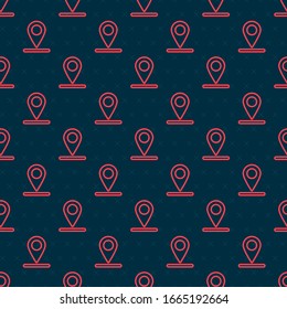 Icono de alfiler de mapa de línea roja aislado sin fisuras en fondo negro. Navegación, puntero, ubicación, mapa, gps, dirección, lugar, brújula, concepto de búsqueda. Ilustración vectorial