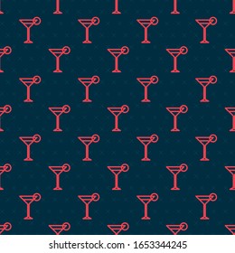 Red line Martini glass icon isolated seamless pattern on black background. Cocktail icon. Wine glass icon.  Vector Illustration