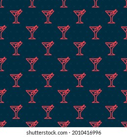 Red line Martini glass icon isolated seamless pattern on black background. Cocktail icon. Wine glass icon.  Vector