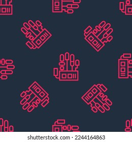 Red line Mechanical robot hand icon isolated seamless pattern on black background. Robotic arm symbol. Technological concept.  Vector