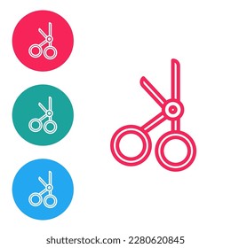 Red line Medical scissors icon isolated on white background. Set icons in circle buttons. Vector Illustration