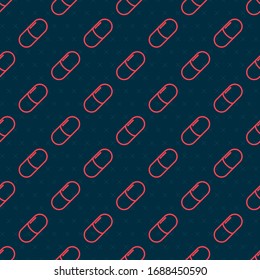 Red Line Medicine Pill Or Tablet Icon Isolated Seamless Pattern On Black Background. Capsule Pill And Drug Sign. Pharmacy Design.  Vector Illustration