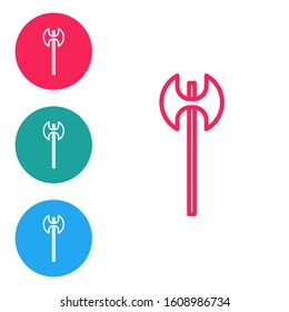 Red line Medieval axe icon isolated on white background. Battle axe, executioner axe. Medieval weapon. Set icons in circle buttons. Vector Illustration