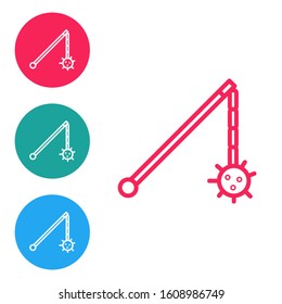 Red line Medieval chained mace ball icon isolated on white background. Medieval weapon. Set icons in circle buttons. Vector Illustration