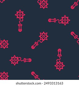 Icono de bola de macizo encadenado medieval aislado patrón sin fisuras sobre fondo negro. Arma medieval Morgenstern o maza con picos.  Vector