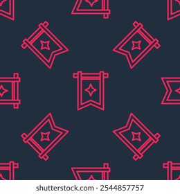 Línea roja Icono de bandera medieval aislado sin patrón sobre fondo negro. Country, estado o territorio gobernado por un rey o una reina.  Vector