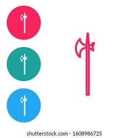 Red line Medieval halberd icon isolated on white background. Medieval weapon. Set icons in circle buttons. Vector Illustration