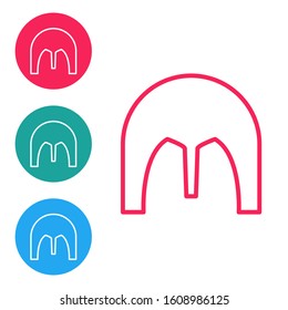 Red line Medieval iron helmet for head protection icon isolated on white background. Set icons in circle buttons. Vector Illustration