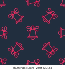 Red line Merry Christmas ringing bell icon isolated seamless pattern on black background. Alarm symbol, service bell, handbell sign, notification.  Vector
