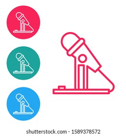 Red line Microphone icon isolated on white background. On air radio mic microphone. Speaker sign. Set icons in circle buttons. Vector Illustration
