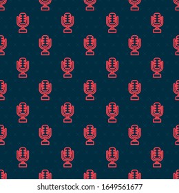 Red line Microphone icon isolated seamless pattern on black background. On air radio mic microphone. Speaker sign.  Vector Illustration