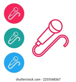 Red line Microphone icon isolated on white background. On air radio mic microphone. Speaker sign. Set icons in circle buttons. Vector