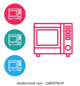 Red line Microwave oven icon isolated on white background. Home appliances icon. Set icons in circle buttons. Vector Illustration
