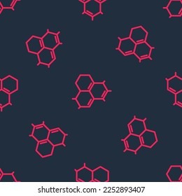 Red line Molecule oil icon isolated seamless pattern on black background. Structure of molecules in chemistry.  Vector