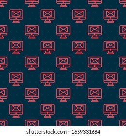 Red line Monitor and envelope, new message, mail icon isolated seamless pattern on black background. Usage for e-mail newsletters, headers, blog posts.  Vector Illustration