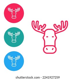 Red line Moose head with horns icon isolated on white background. Set icons in circle buttons. Vector