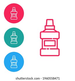 Red line Mouthwash plastic bottle and glass icon isolated on white background. Liquid for rinsing mouth. Oralcare equipment. Set icons in circle buttons. Vector