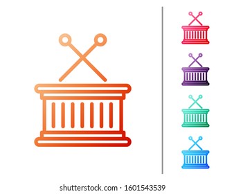 Red line Musical instrument drum and drum sticks icon isolated on white background. Set color icons. Vector Illustration