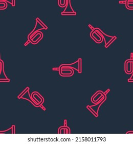 Red line Musical instrument trumpet icon isolated seamless pattern on black background.  Vector