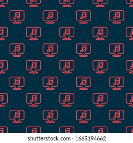 Línea roja Nota musical en el icono de la burbuja del habla aislado patrón sin fisuras en el fondo negro. Concepto musical y de sonido. Ilustración vectorial