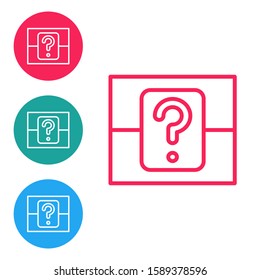 Red line Mystery box or random loot box for games icon isolated on white background. Question box. Set icons in circle buttons. Vector Illustration