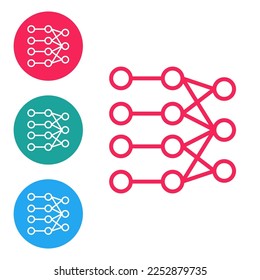 Red line Neural network icon isolated on white background. Artificial intelligence AI. Set icons in circle buttons. Vector
