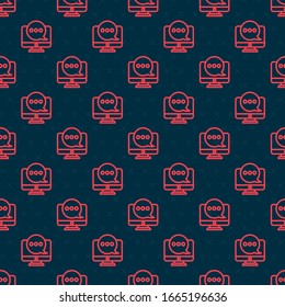Línea roja Nueva notificación de mensajes de chat en el icono de monitor aislado patrón sin fisuras en el fondo negro. Smartphone chateando mensajes sms palabras burbujas de voz. Ilustración vectorial