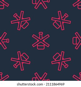 Red line No alcohol icon isolated seamless pattern on black background. Prohibiting alcohol beverages. Forbidden symbol with beer bottle glass.  Vector