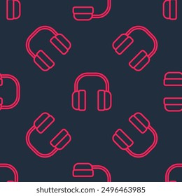 Red line Noise canceling headphones icon isolated seamless pattern on black background. Headphones for ear protection from noise.  Vector
